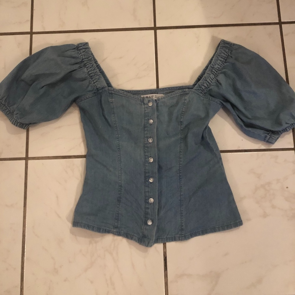 Denim on/off shoulder puff sleeves button up shirt